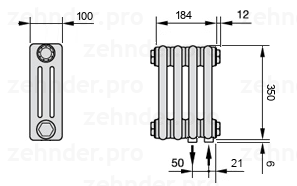 Схема (чертеж) Радиатор Zehnder Charleston 3035/4 №5510 Белый глянцевый RAL 9016